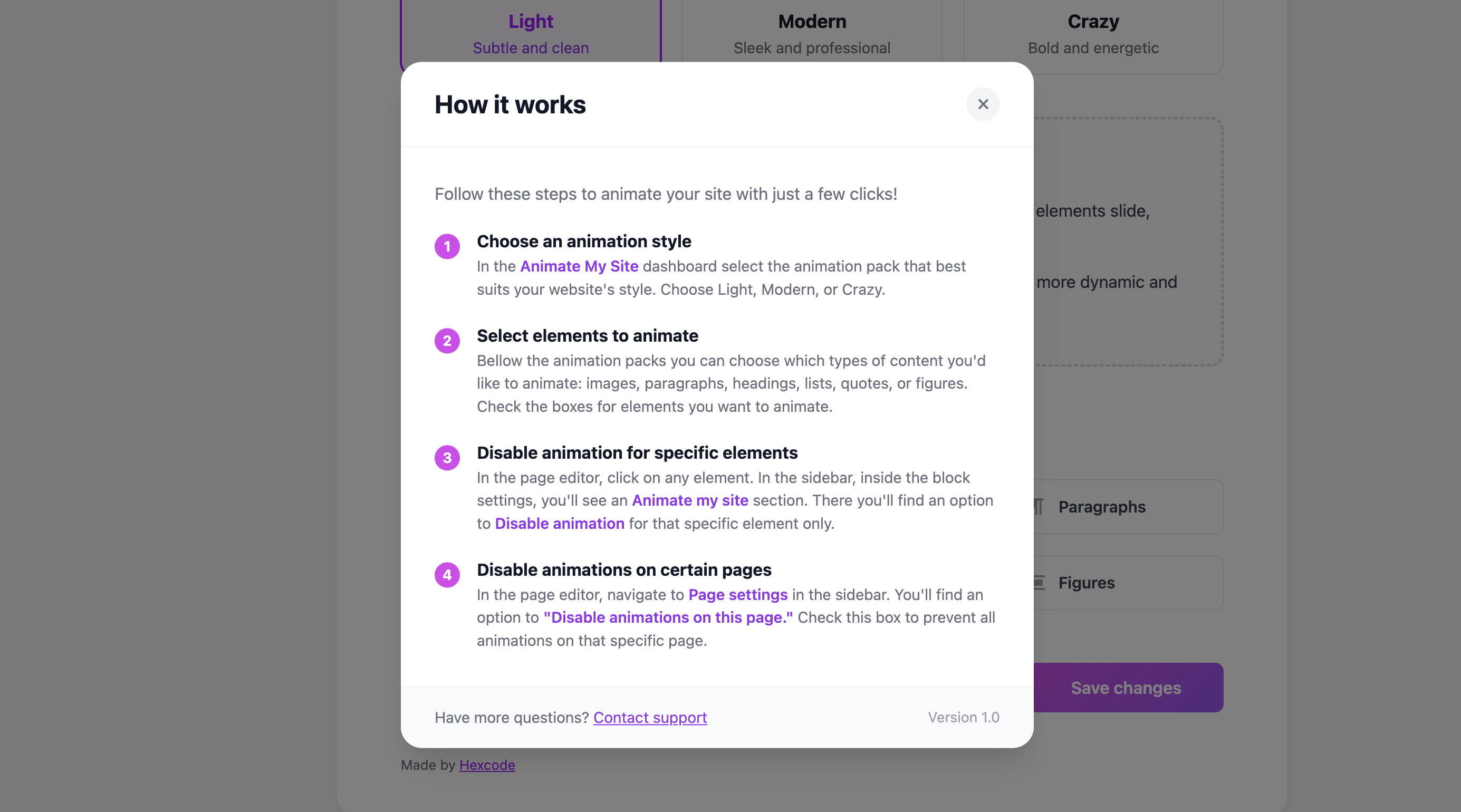 Animate My Site settings inside the WordPress Block Editor