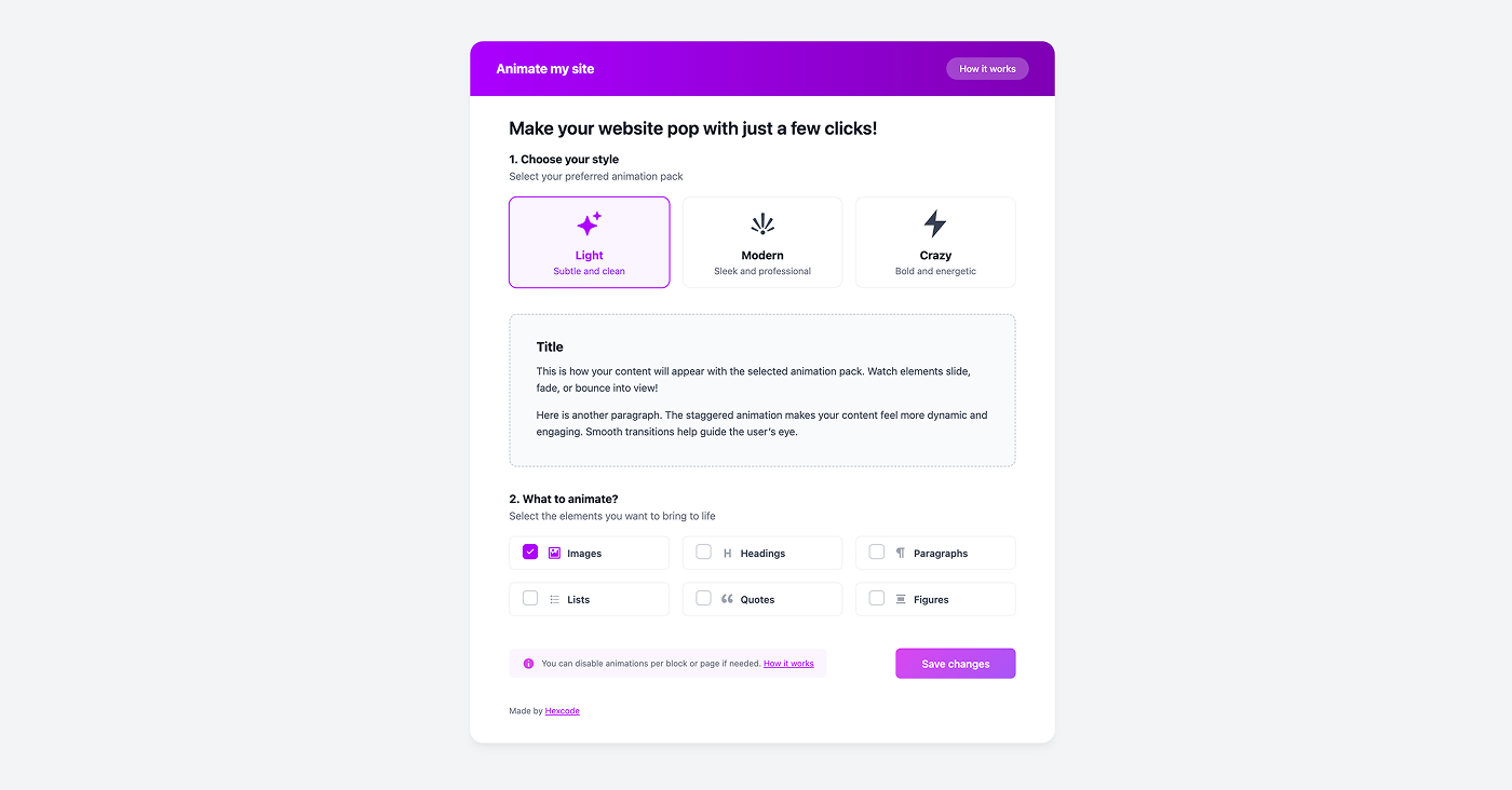 Animate My Site settings inside the WordPress Block Editor